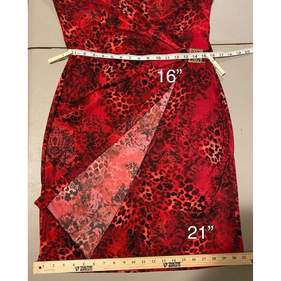 Anne Klein Wrap Dress Women's Size L Red Black Leopard Print V-Neck Knee Length - Picture 12 of 12